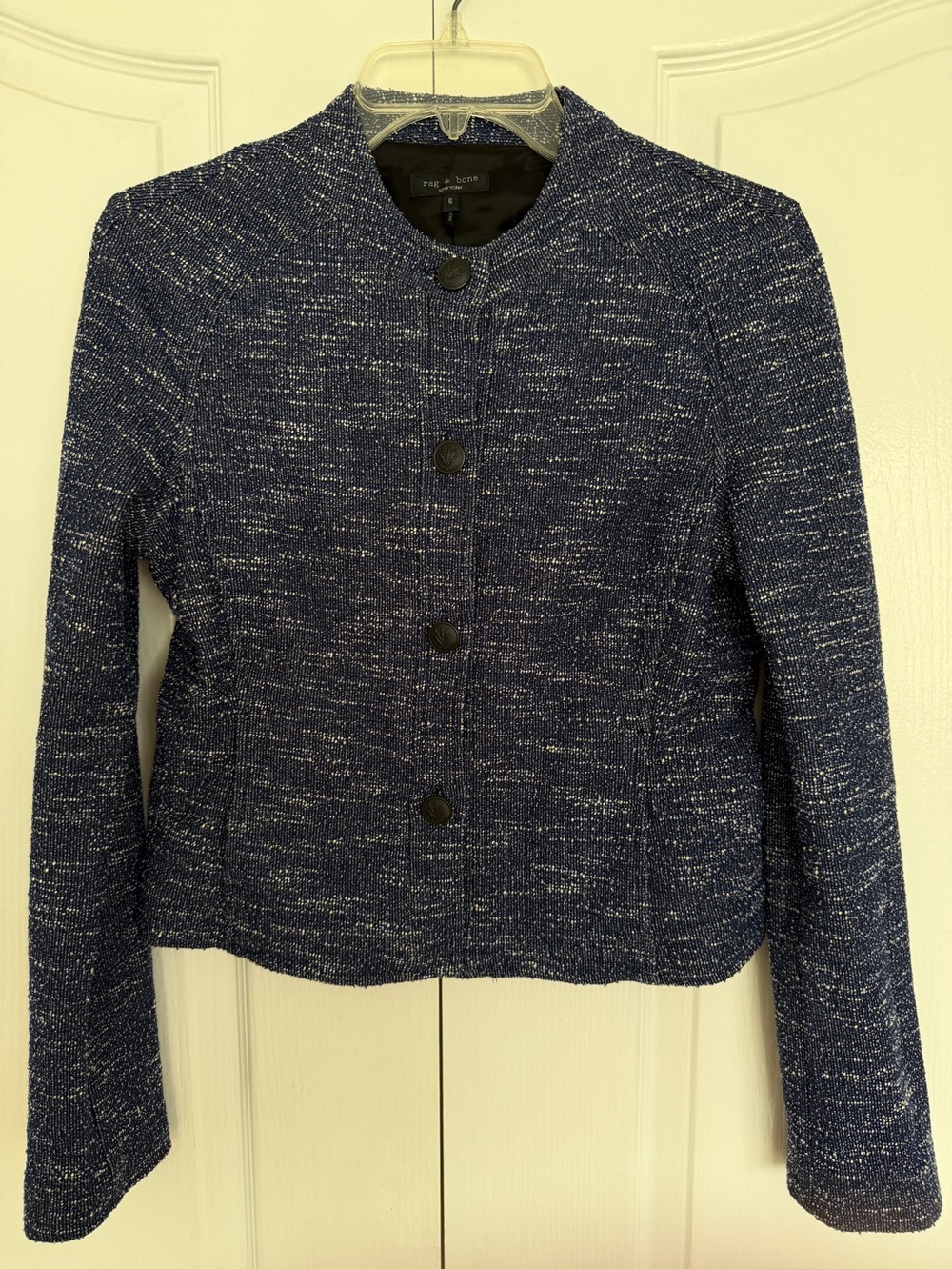 rag & bone Navy Cream Tweed Boucle Collarless Cropped Jacket Size 6 Logo Buttons